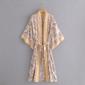 Floral Beach Cotton Kimono Swimwear With Sashes Bohemian Cover-Up - www.novixan.com