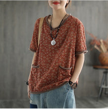 Cargue la imagen en el visor de la galería, Women Loose Short Sleeve Floral V Neck T-shirt - www.novixan.com
