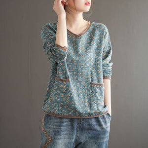 Women's Long sleeve Vintage V-neck Loose T-Shirt - www.novixan.com