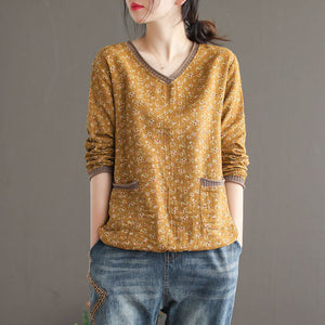 Women's Long sleeve Vintage V-neck Loose T-Shirt - www.novixan.com