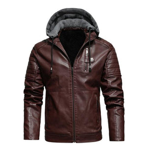 Men's Leather Jacket with Hood Plus Size - www.novixan.com